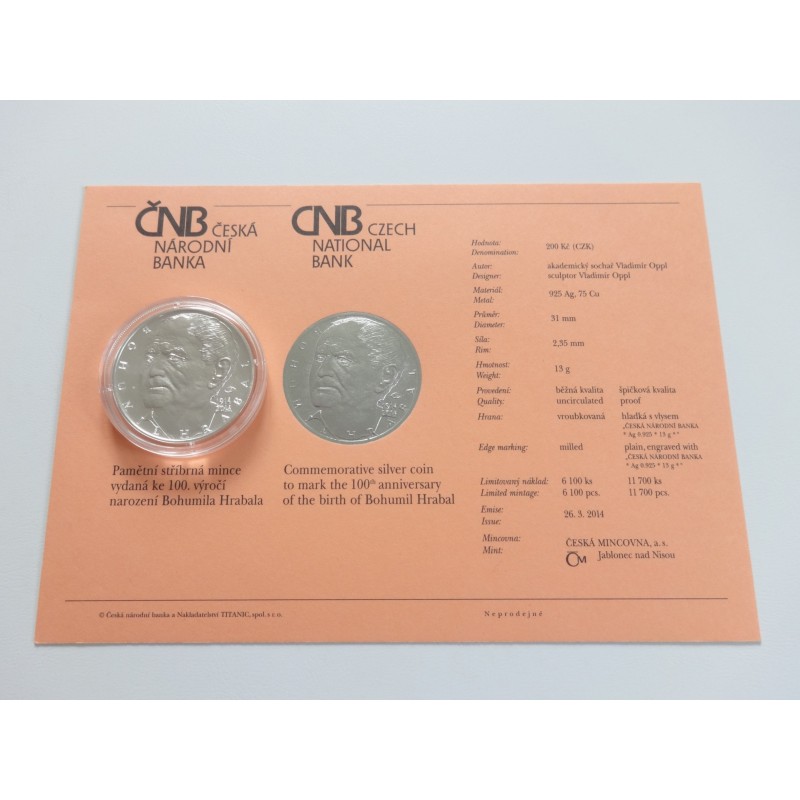 200 Korun - 200 Kč / 2014 / 100. výročí narození Bohumila Hrabala / BK