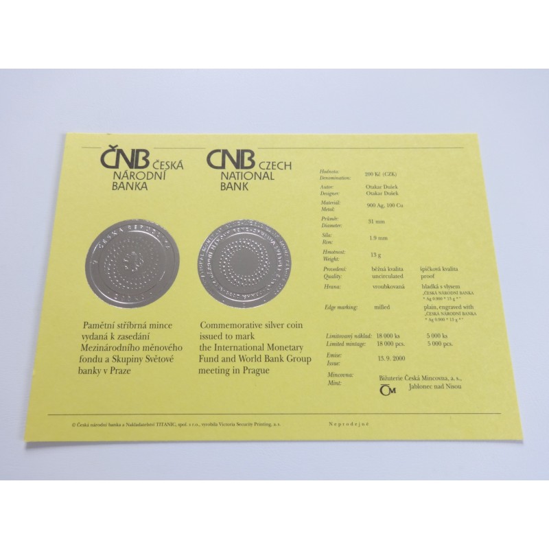 Certifikát / 2000 / Zasedání Mezinárodního měnového fondu a Skupiny Světové banky v Praze / PROOF i BK