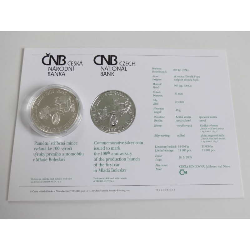 200 Korun - 200 Kč / 2005 / 100. výročí výroby prvního automobilu v Mladé Boleslavi / BK